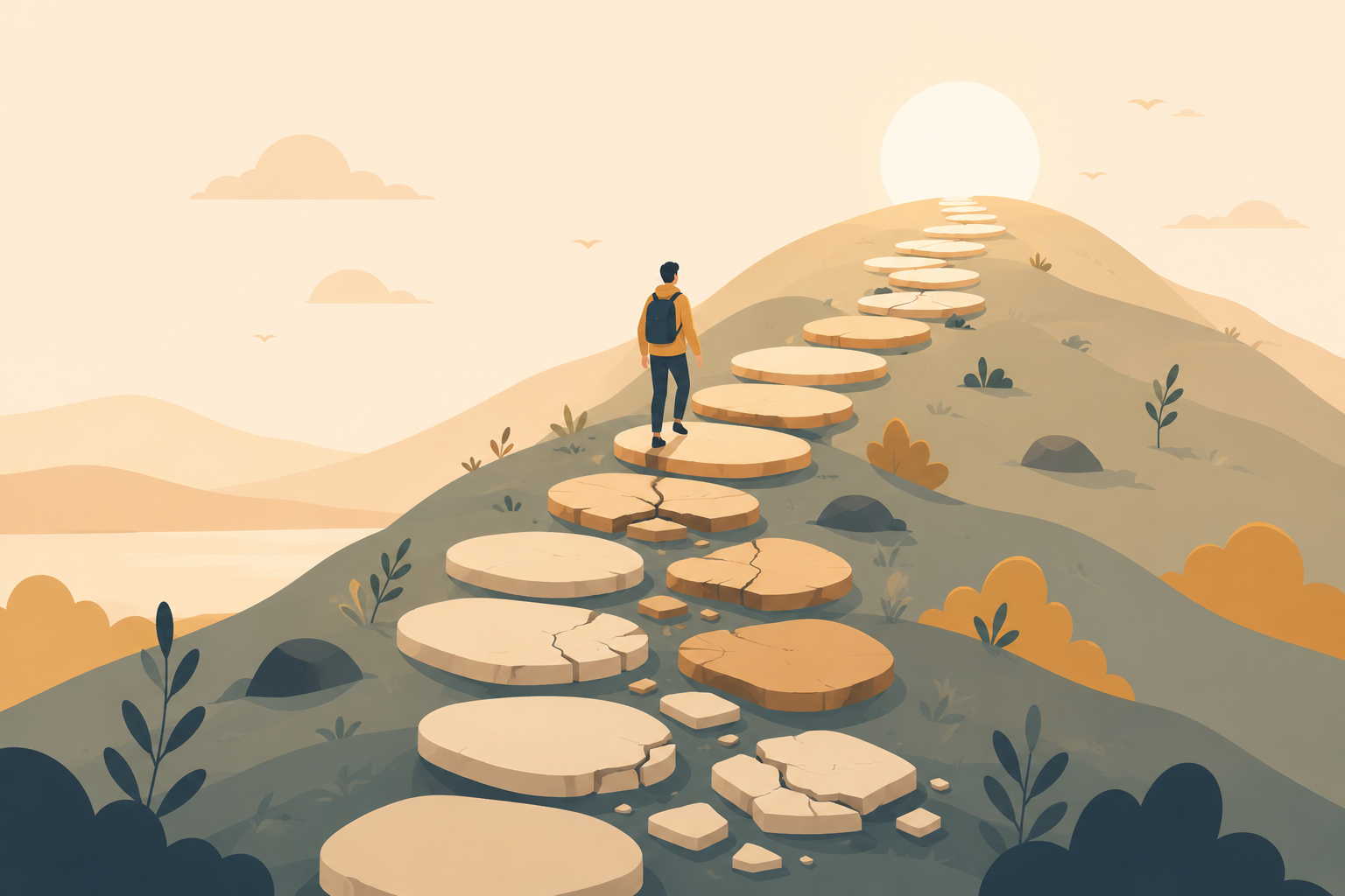 Ilustração de um caminho de pedras, algumas partidas, a subir uma colina em direção a um horizonte luminoso, simbolizando o erro como parte do processo de crescimento