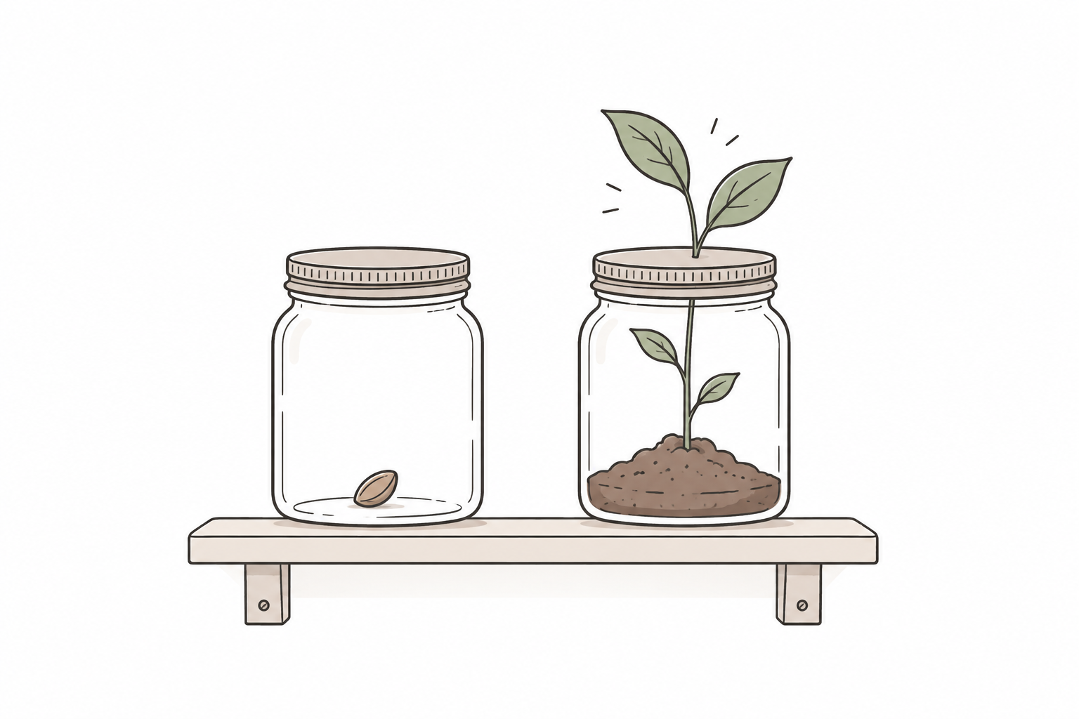 Um frasco com uma semente parada ao lado de um frasco com uma planta a crescer, representando a diferença entre guardar e desenvolver ideias
