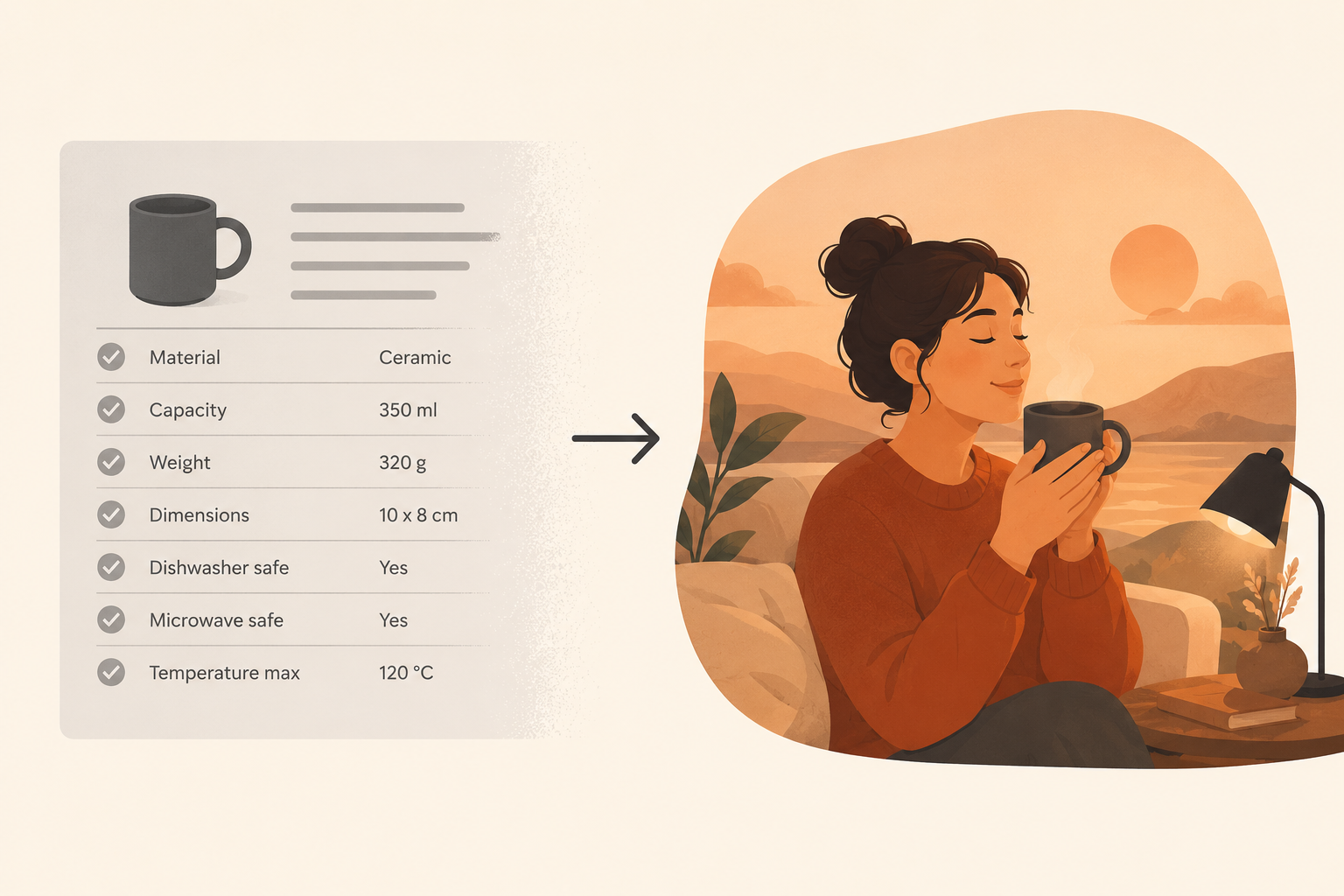 Ilustração a comparar uma lista de especificações técnicas desbotada com uma cena emocional de uma pessoa a viver uma experiência, mostrando a diferença entre informação e história