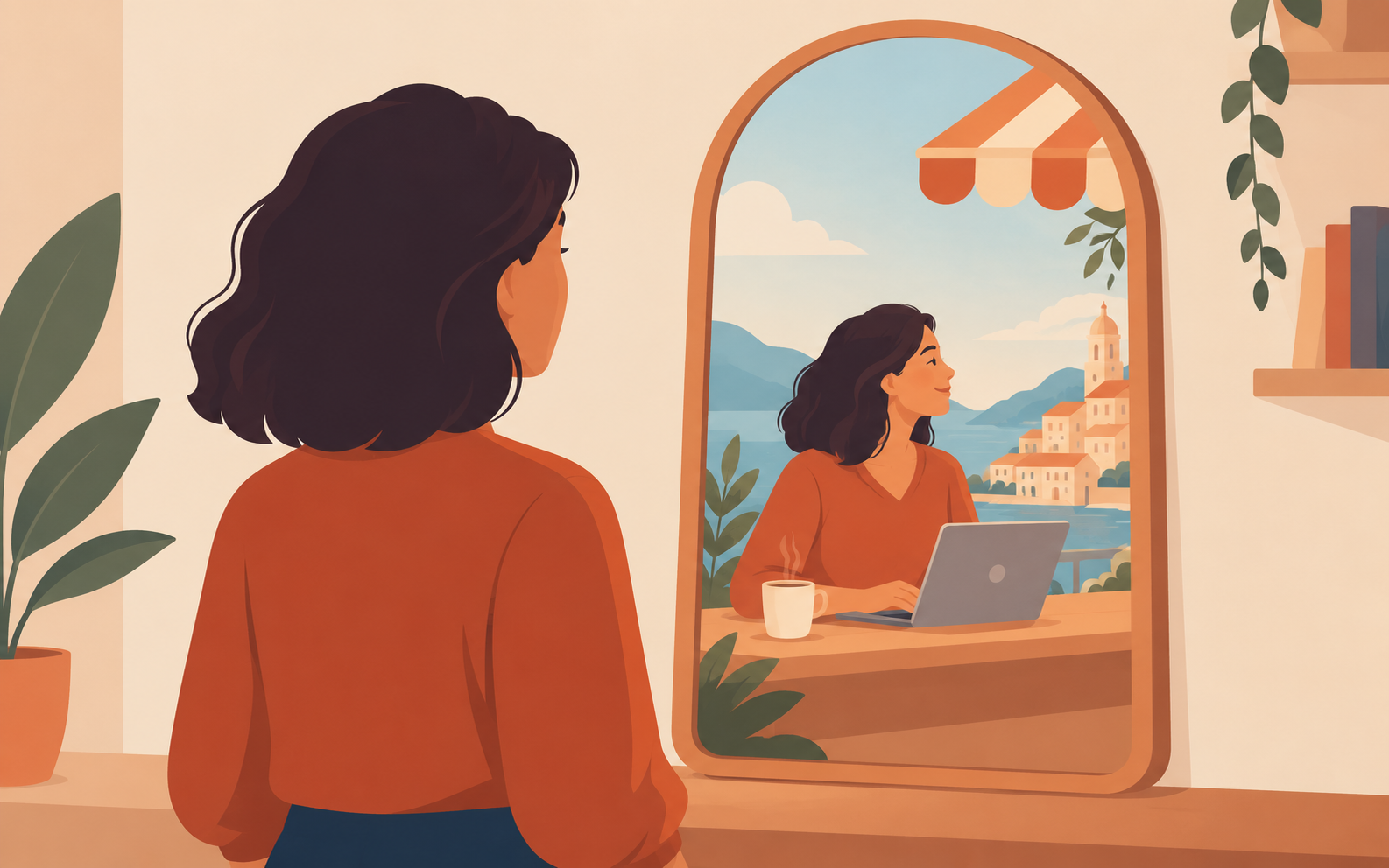 Ilustração de uma pessoa em frente a um espelho onde o reflexo mostra uma pequena cena narrativa em vez de uma imagem literal, simbolizando a identificação criada pelo storytelling de marcas